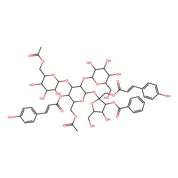 2D Structure of [2-[6-(Acetyloxymethyl)-4-[6-(acetyloxymethyl)-3,4,5-trihydroxyoxan-2-yl]oxy-5-[3-(4-hydroxyphenyl)prop-2-enoyloxy]-3-[3,4,5-trihydroxy-6-(hydroxymethyl)oxan-2-yl]oxyoxan-2-yl]oxy-4-hydroxy-5-(hydroxymethyl)-2-[3-(4-hydroxyphenyl)prop-2-enoyloxymethyl]oxolan-3-yl] benzoate
