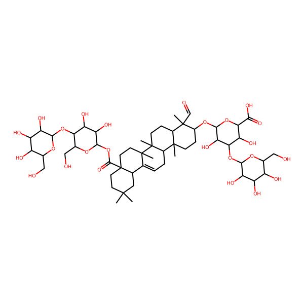 2D Structure of (2S,3S,4S,5R,6R)-6-[[(3S,4S,4aR,6aR,6bR,8aS,12aR,14aS,14bR)-8a-[(2R,3S,4S,5S,6S)-3,4-dihydroxy-6-(hydroxymethyl)-5-[(2R,3S,4R,5R,6S)-3,4,5-trihydroxy-6-(hydroxymethyl)oxan-2-yl]oxyoxan-2-yl]oxycarbonyl-4-formyl-4,6a,6b,11,11,14b-hexamethyl-1,2,3,4a,5,6,7,8,9,10,12,12a,14,14a-tetradecahydropicen-3-yl]oxy]-3,5-dihydroxy-4-[(2S,3R,4S,5S,6R)-3,4,5-trihydroxy-6-(hydroxymethyl)oxan-2-yl]oxyoxane-2-carboxylic acid
