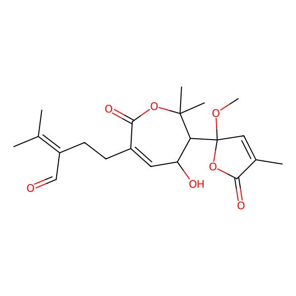 2D Structure of 2-[2-[(3R,4R)-4-hydroxy-3-[(2R)-2-methoxy-4-methyl-5-oxofuran-2-yl]-2,2-dimethyl-7-oxo-3,4-dihydrooxepin-6-yl]ethyl]-3-methylbut-2-enal