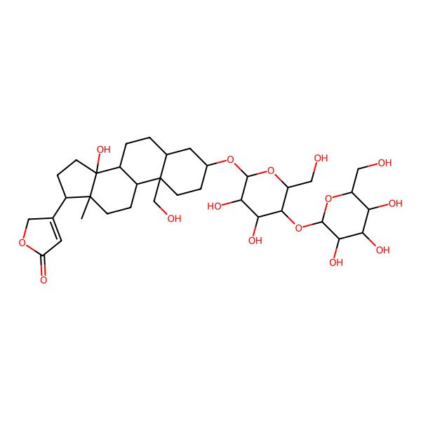 2D Structure of 3-[(3S,5S,8R,9S,10R,13R,14S,17R)-3-[(2R,3R,4R,5S,6R)-3,4-dihydroxy-6-(hydroxymethyl)-5-[(2S,3R,4S,5S,6R)-3,4,5-trihydroxy-6-(hydroxymethyl)oxan-2-yl]oxyoxan-2-yl]oxy-14-hydroxy-10-(hydroxymethyl)-13-methyl-1,2,3,4,5,6,7,8,9,11,12,15,16,17-tetradecahydrocyclopenta[a]phenanthren-17-yl]-2H-furan-5-one