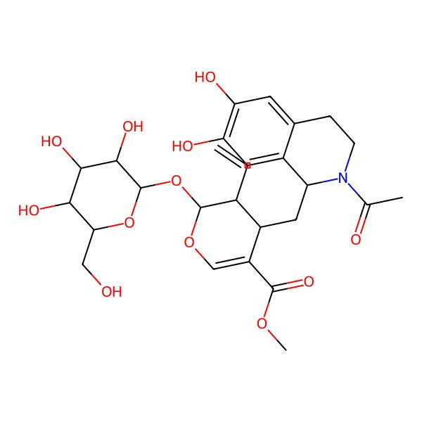 2D Structure of methyl 4-[(2-acetyl-6,7-dihydroxy-3,4-dihydro-1H-isoquinolin-1-yl)methyl]-3-ethenyl-2-[3,4,5-trihydroxy-6-(hydroxymethyl)oxan-2-yl]oxy-3,4-dihydro-2H-pyran-5-carboxylate