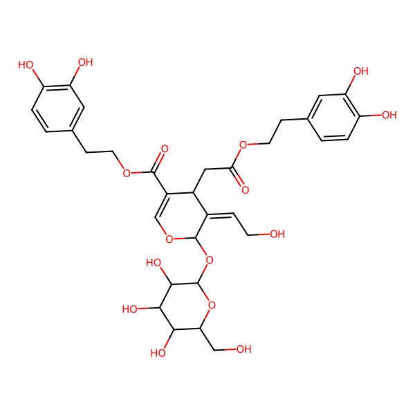 2D Structure of 2-(3,4-dihydroxyphenyl)ethyl (4S,5E,6S)-4-[2-[2-(3,4-dihydroxyphenyl)ethoxy]-2-oxoethyl]-5-(2-hydroxyethylidene)-6-[(2S,3R,4S,5S,6R)-3,4,5-trihydroxy-6-(hydroxymethyl)oxan-2-yl]oxy-4H-pyran-3-carboxylate