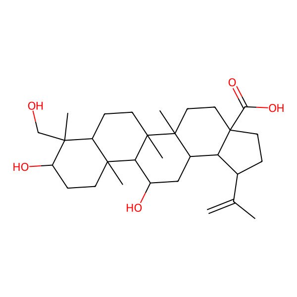 2D Structure of (1R,3aS,5aR,5bR,7aR,8R,9R,11aS,11bR,12R,13aR,13bR)-9,12-dihydroxy-8-(hydroxymethyl)-5a,5b,8,11a-tetramethyl-1-prop-1-en-2-yl-1,2,3,4,5,6,7,7a,9,10,11,11b,12,13,13a,13b-hexadecahydrocyclopenta[a]chrysene-3a-carboxylic acid