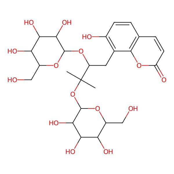 2D Structure of 7-hydroxy-8-[(2S)-3-methyl-2,3-bis[[(2S,3R,4S,5R,6R)-3,4,5-trihydroxy-6-(hydroxymethyl)oxan-2-yl]oxy]butyl]chromen-2-one