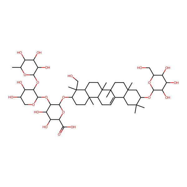 2D Structure of (2S,3S,4S,5R,6R)-6-[[(3S,4S,4aR,6aR,6bS,8aS,10R,12aR,14aR,14bR)-4-(hydroxymethyl)-4,6a,6b,8a,11,11,14b-heptamethyl-10-[(2R,3R,4S,5S,6R)-3,4,5-trihydroxy-6-(hydroxymethyl)oxan-2-yl]oxy-1,2,3,4a,5,6,7,8,9,10,12,12a,14,14a-tetradecahydropicen-3-yl]oxy]-5-[(2S,3R,4S,5R)-4,5-dihydroxy-3-[(2S,3R,4R,5R,6S)-3,4,5-trihydroxy-6-methyloxan-2-yl]oxyoxan-2-yl]oxy-3,4-dihydroxyoxane-2-carboxylic acid