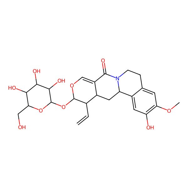 2D Structure of (1R,15S,16S,17S)-16-ethenyl-4-hydroxy-5-methoxy-15-[(2S,3R,4R,5R,6R)-3,4,5-trihydroxy-6-(hydroxymethyl)oxan-2-yl]oxy-14-oxa-10-azatetracyclo[8.8.0.02,7.012,17]octadeca-2,4,6,12-tetraen-11-one