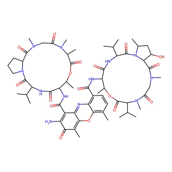 2D Structure of 2-amino-9-N-[17-hydroxy-7,11,14,19-tetramethyl-2,5,9,12,15-pentaoxo-3,10-di(propan-2-yl)-8-oxa-1,4,11,14-tetrazabicyclo[14.3.0]nonadecan-6-yl]-4,6-dimethyl-3-oxo-1-N-(7,10,11,14-tetramethyl-2,5,9,12,15-pentaoxo-3-propan-2-yl-8-oxa-1,4,11,14-tetrazabicyclo[14.3.0]nonadecan-6-yl)phenoxazine-1,9-dicarboxamide