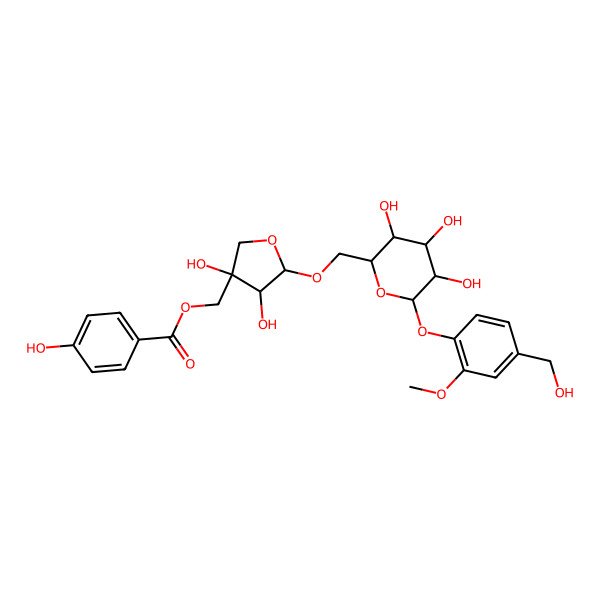 2D Structure of [(3S,4R,5R)-3,4-dihydroxy-5-[[(2R,3S,4S,5R,6S)-3,4,5-trihydroxy-6-[4-(hydroxymethyl)-2-methoxyphenoxy]oxan-2-yl]methoxy]oxolan-3-yl]methyl 4-hydroxybenzoate