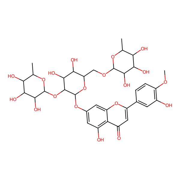 2D Structure of 7-[(2S,3R,4S,5S,6R)-4,5-dihydroxy-3-[(2R,3R,4R,5R,6S)-3,4,5-trihydroxy-6-methyloxan-2-yl]oxy-6-[[(2R,3R,4R,5R,6S)-3,4,5-trihydroxy-6-methyloxan-2-yl]oxymethyl]oxan-2-yl]oxy-5-hydroxy-2-(3-hydroxy-4-methoxyphenyl)chromen-4-one