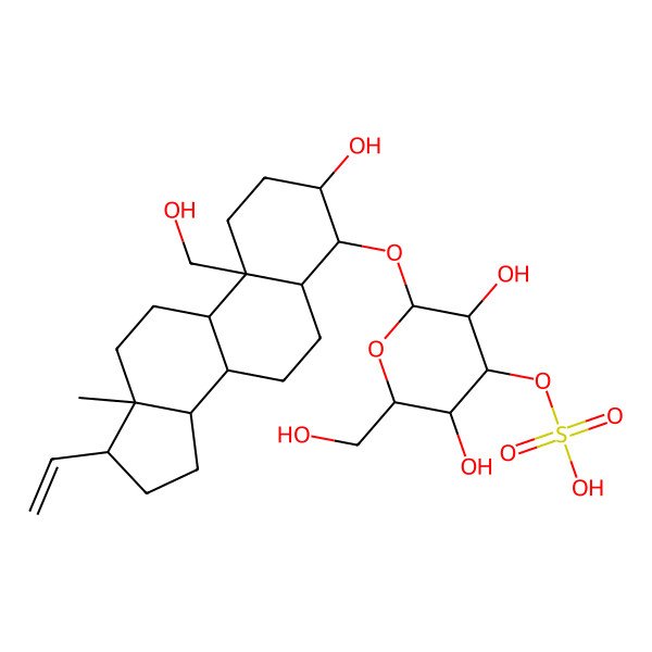 2D Structure of [(2R,3R,4S,5R,6R)-2-[[(3S,4R,5R,8S,9S,10S,13S,14S,17R)-17-ethenyl-3-hydroxy-10-(hydroxymethyl)-13-methyl-2,3,4,5,6,7,8,9,11,12,14,15,16,17-tetradecahydro-1H-cyclopenta[a]phenanthren-4-yl]oxy]-3,5-dihydroxy-6-(hydroxymethyl)oxan-4-yl] hydrogen sulfate