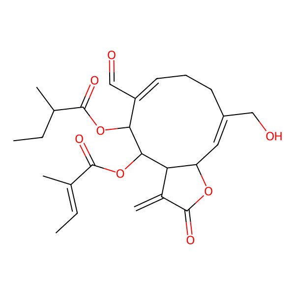 2D Structure of [(3aS,4S,5R,6E,10E,11aR)-6-formyl-10-(hydroxymethyl)-4-[(Z)-2-methylbut-2-enoyl]oxy-3-methylidene-2-oxo-3a,4,5,8,9,11a-hexahydrocyclodeca[b]furan-5-yl] (2R)-2-methylbutanoate