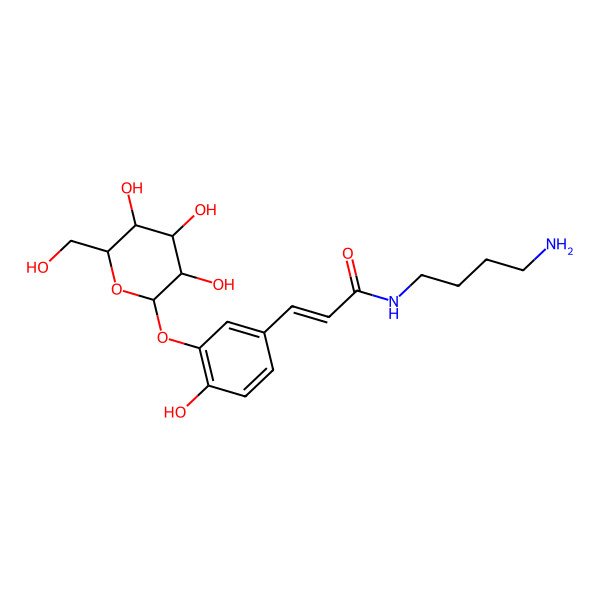 2D Structure of (E)-N-(4-aminobutyl)-3-[4-hydroxy-3-[(2S,3R,4S,5S,6R)-3,4,5-trihydroxy-6-(hydroxymethyl)oxan-2-yl]oxyphenyl]prop-2-enamide