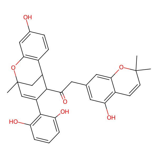 2D Structure of 1-[(1S,9R,12R)-11-(2,6-dihydroxyphenyl)-5-hydroxy-9-methyl-8-oxatricyclo[7.3.1.02,7]trideca-2(7),3,5,10-tetraen-12-yl]-2-(5-hydroxy-2,2-dimethylchromen-7-yl)ethanone