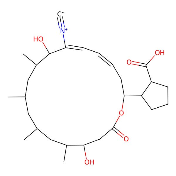 2D Structure of trans-(1R,2R)-2-[(2S,4E,6E,8S,9S,11R,13S,15S,16S)-8,16-dihydroxy-7-isocyano-9,11,13,15-tetramethyl-18-oxo-1-oxacyclooctadeca-4,6-dien-2-yl]cyclopentane-1-carboxylic acid