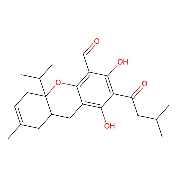 2D Structure of (8aR,10aS)-1,3-dihydroxy-7-methyl-2-(3-methylbutanoyl)-10a-propan-2-yl-5,8,8a,9-tetrahydroxanthene-4-carbaldehyde