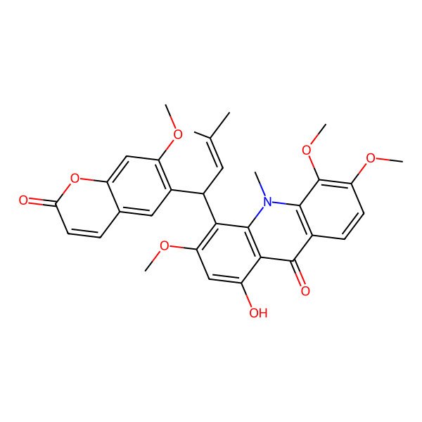 2D Structure of 1-hydroxy-3,5,6-trimethoxy-4-[(1R)-1-(7-methoxy-2-oxochromen-6-yl)-3-methylbut-2-enyl]-10-methylacridin-9-one