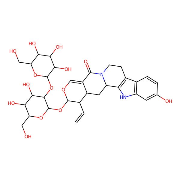 2D Structure of (1R,18S,19R,20S)-18-[(2S,3R,4S,5S,6R)-4,5-dihydroxy-6-(hydroxymethyl)-3-[(2S,3R,4S,5S,6R)-3,4,5-trihydroxy-6-(hydroxymethyl)oxan-2-yl]oxyoxan-2-yl]oxy-19-ethenyl-6-hydroxy-17-oxa-3,13-diazapentacyclo[11.8.0.02,10.04,9.015,20]henicosa-2(10),4(9),5,7,15-pentaen-14-one