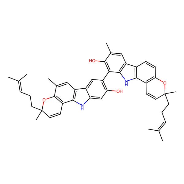 2D Structure of 10-[9-hydroxy-3,5-dimethyl-3-(4-methylpent-3-enyl)-11H-pyrano[3,2-a]carbazol-8-yl]-3,8-dimethyl-3-(4-methylpent-3-enyl)-11H-pyrano[3,2-a]carbazol-9-ol