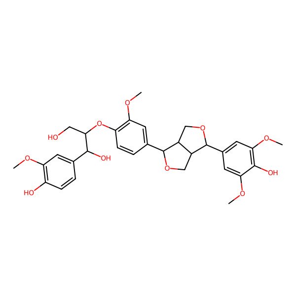 2D Structure of (1S,2S)-2-[4-[(3R,3aS,6R,6aS)-6-(4-hydroxy-3,5-dimethoxyphenyl)-1,3,3a,4,6,6a-hexahydrofuro[3,4-c]furan-3-yl]-2-methoxyphenoxy]-1-(4-hydroxy-3-methoxyphenyl)propane-1,3-diol