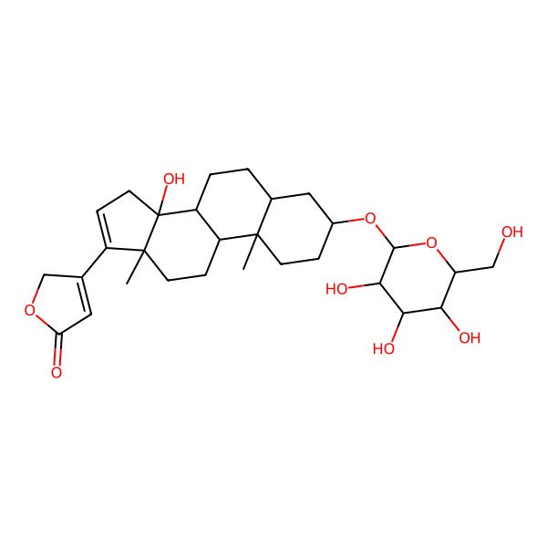 2D Structure of 3-[(3S,5R,8R,9S,10S,13R,14S)-14-hydroxy-10,13-dimethyl-3-[(2R,3R,4S,5S,6R)-3,4,5-trihydroxy-6-(hydroxymethyl)oxan-2-yl]oxy-1,2,3,4,5,6,7,8,9,11,12,15-dodecahydrocyclopenta[a]phenanthren-17-yl]-2H-furan-5-one