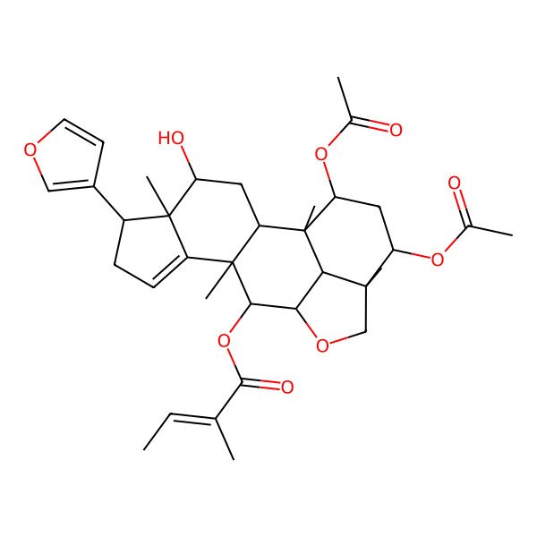 2D Structure of [(1R,2R,4R,5S,6S,10R,11S,12R,15R,16R,18S,19R)-16,18-diacetyloxy-6-(furan-3-yl)-4-hydroxy-1,5,10,15-tetramethyl-13-oxapentacyclo[10.6.1.02,10.05,9.015,19]nonadec-8-en-11-yl] (E)-2-methylbut-2-enoate