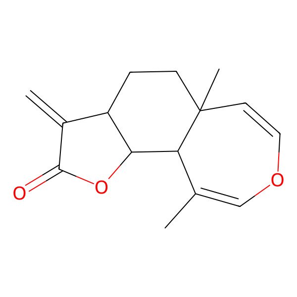 2D Structure of (3aS,5aR,10aS,10bS)-5a,10-dimethyl-3-methylidene-4,5,10a,10b-tetrahydro-3aH-furo[2,3-g][3]benzoxepin-2-one