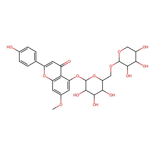 2D Structure of 2-(4-hydroxyphenyl)-7-methoxy-5-[(2S,3R,4S,5S,6R)-3,4,5-trihydroxy-6-[[(2R,3R,4S,5R)-3,4,5-trihydroxyoxan-2-yl]oxymethyl]oxan-2-yl]oxychromen-4-one