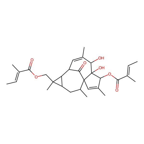 2D Structure of [(1S,4S,5S,6R,9S,10R,11R,12R,14R)-5,6-dihydroxy-3,7,11,14-tetramethyl-4-[(Z)-2-methylbut-2-enoyl]oxy-15-oxo-11-tetracyclo[7.5.1.01,5.010,12]pentadeca-2,7-dienyl]methyl (Z)-2-methylbut-2-enoate