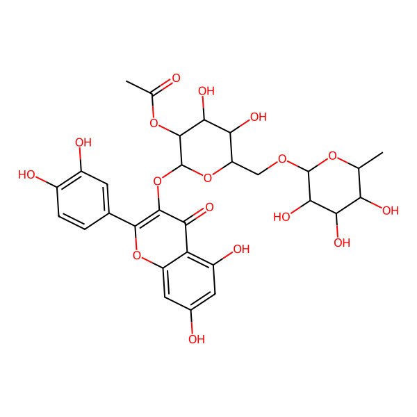 2D Structure of [(2S,3R,4S,5S,6R)-2-[2-(3,4-dihydroxyphenyl)-5,7-dihydroxy-4-oxochromen-3-yl]oxy-4,5-dihydroxy-6-[[(2R,3S,4R,5R,6S)-3,4,5-trihydroxy-6-methyloxan-2-yl]oxymethyl]oxan-3-yl] acetate