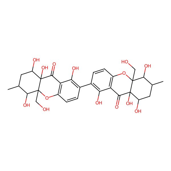 2D Structure of 7-[1,5,8,8a-Tetrahydroxy-10a-(hydroxymethyl)-6-methyl-9-oxo-5,6,7,8-tetrahydroxanthen-2-yl]-1,4,8,9a-tetrahydroxy-4a-(hydroxymethyl)-3-methyl-1,2,3,4-tetrahydroxanthen-9-one