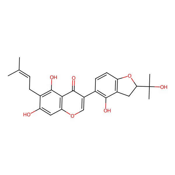 2D Structure of 5,7-dihydroxy-3-[(2S)-4-hydroxy-2-(2-hydroxypropan-2-yl)-2,3-dihydro-1-benzofuran-5-yl]-6-(3-methylbut-2-enyl)chromen-4-one