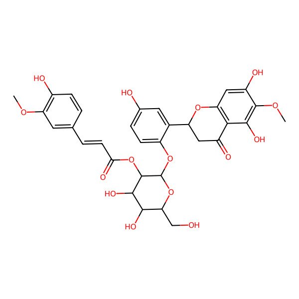 2D Structure of [(2S,3R,4S,5S,6R)-2-[2-[(2S)-5,7-dihydroxy-6-methoxy-4-oxo-2,3-dihydrochromen-2-yl]-4-hydroxyphenoxy]-4,5-dihydroxy-6-(hydroxymethyl)oxan-3-yl] (E)-3-(4-hydroxy-3-methoxyphenyl)prop-2-enoate