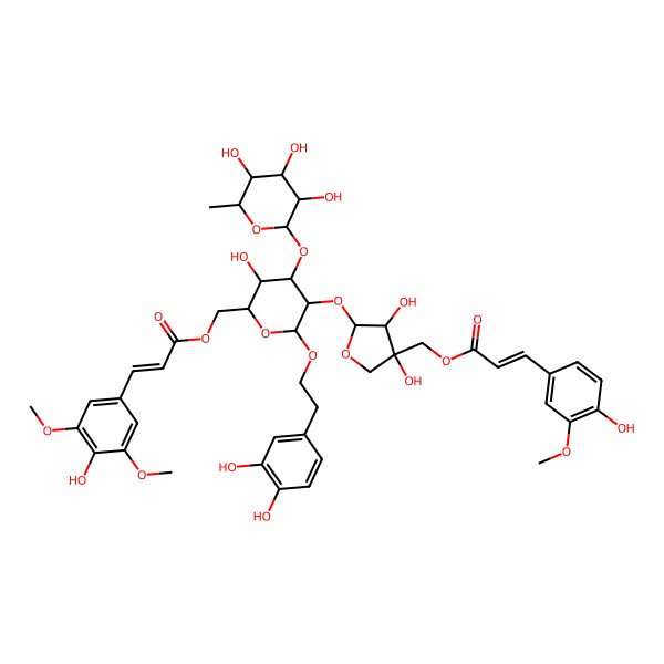 2D Structure of [(3S,4R,5S)-5-[(2R,3R,4S,5R,6R)-2-[2-(3,4-dihydroxyphenyl)ethoxy]-5-hydroxy-6-[[(E)-3-(4-hydroxy-3,5-dimethoxyphenyl)prop-2-enoyl]oxymethyl]-4-[(2S,3R,4R,5R,6S)-3,4,5-trihydroxy-6-methyloxan-2-yl]oxyoxan-3-yl]oxy-3,4-dihydroxyoxolan-3-yl]methyl (E)-3-(4-hydroxy-3-methoxyphenyl)prop-2-enoate