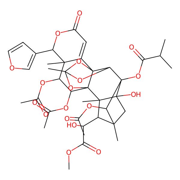 2D Structure of [2,3,22-Triacetyloxy-5-(furan-3-yl)-16-hydroxy-19-(1-hydroxy-2-methoxy-2-oxoethyl)-4,12,18,20-tetramethyl-7-oxo-6,11,13,21-tetraoxaheptacyclo[10.8.1.115,18.01,10.04,9.010,14.016,20]docos-8-en-15-yl] 2-methylpropanoate