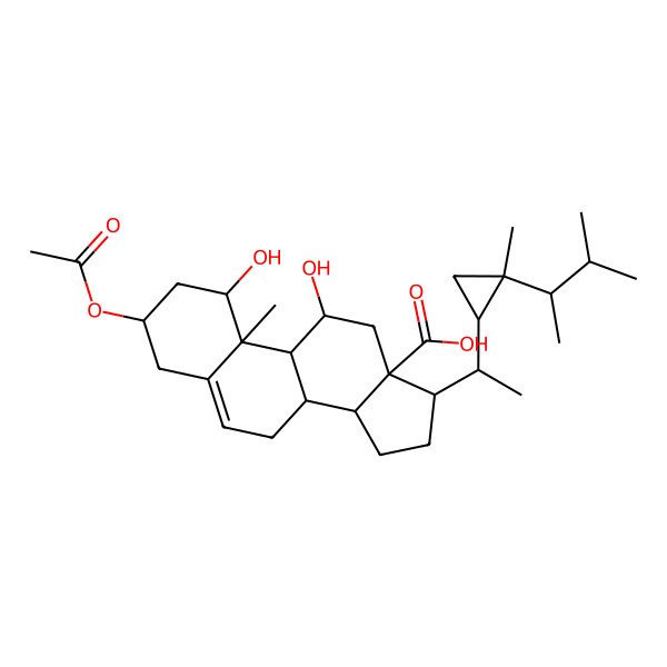 2D Structure of 3-acetyloxy-1,11-dihydroxy-10-methyl-17-[1-[2-methyl-2-(3-methylbutan-2-yl)cyclopropyl]ethyl]-2,3,4,7,8,9,11,12,14,15,16,17-dodecahydro-1H-cyclopenta[a]phenanthrene-13-carboxylic acid