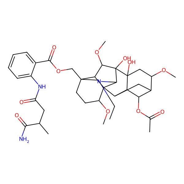 2D Structure of (4-Acetyloxy-11-ethyl-8,9-dihydroxy-6,16,18-trimethoxy-11-azahexacyclo[7.7.2.12,5.01,10.03,8.013,17]nonadecan-13-yl)methyl 2-[(4-amino-3-methyl-4-oxobutanoyl)amino]benzoate