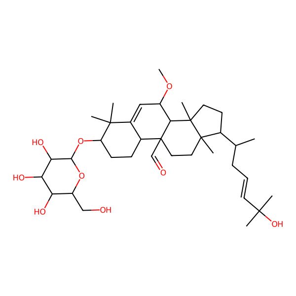 2D Structure of 17-(6-hydroxy-6-methylhept-4-en-2-yl)-7-methoxy-4,4,13,14-tetramethyl-3-[3,4,5-trihydroxy-6-(hydroxymethyl)oxan-2-yl]oxy-2,3,7,8,10,11,12,15,16,17-decahydro-1H-cyclopenta[a]phenanthrene-9-carbaldehyde