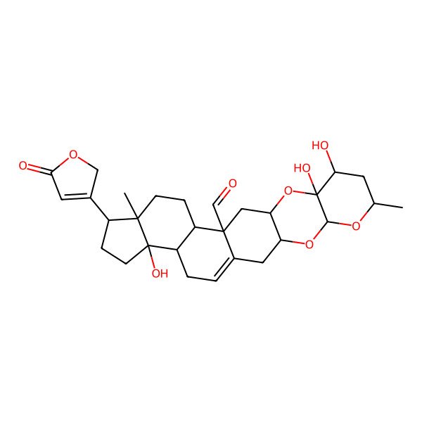 2D Structure of (3R,5S,7R,9S,10S,12R,14S,15S,18R,19R,22S,23R)-9,10,22-trihydroxy-7,18-dimethyl-19-(5-oxo-2H-furan-3-yl)-4,6,11-trioxahexacyclo[12.11.0.03,12.05,10.015,23.018,22]pentacos-1(25)-ene-14-carbaldehyde