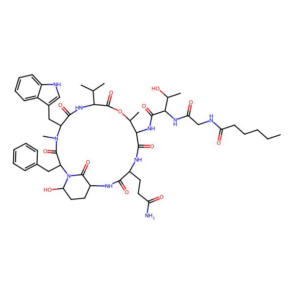 2D Structure of N-[2-[[1-[[15-(3-amino-3-oxopropyl)-2-benzyl-21-hydroxy-5-(1H-indol-3-ylmethyl)-4,11-dimethyl-3,6,9,13,16,22-hexaoxo-8-propan-2-yl-10-oxa-1,4,7,14,17-pentazabicyclo[16.3.1]docosan-12-yl]amino]-3-hydroxy-1-oxobutan-2-yl]amino]-2-oxoethyl]hexanamide