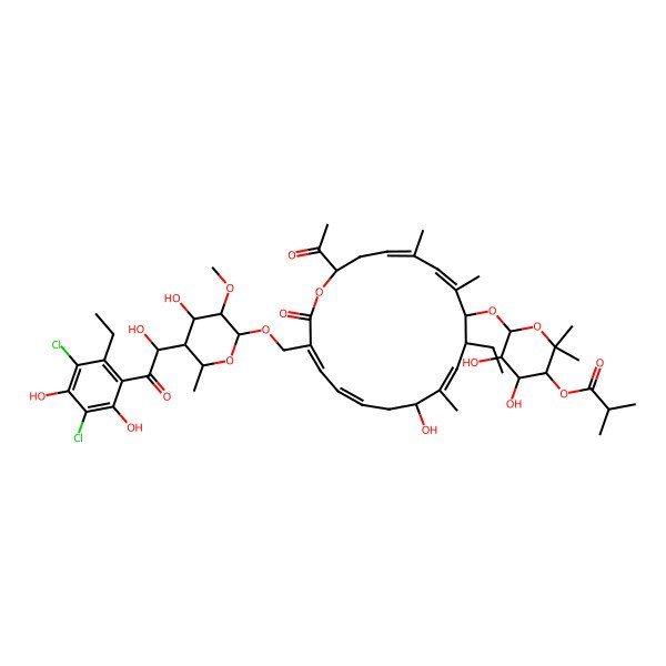 2D Structure of [6-[[2-Acetyl-17-[[5-[2-(3,5-dichloro-2-ethyl-4,6-dihydroxyphenyl)-1-hydroxy-2-oxoethyl]-4-hydroxy-3-methoxy-6-methyloxan-2-yl]oxymethyl]-9-ethyl-12-hydroxy-5,7,11-trimethyl-18-oxo-1-oxacyclooctadeca-4,6,10,14,16-pentaen-8-yl]oxy]-4,5-dihydroxy-2,2-dimethyloxan-3-yl] 2-methylpropanoate