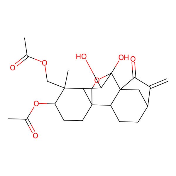 2D Structure of (13-Acetyloxy-9,10-dihydroxy-12-methyl-6-methylidene-7-oxo-17-oxapentacyclo[7.6.2.15,8.01,11.02,8]octadecan-12-yl)methyl acetate