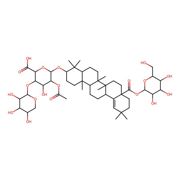2D Structure of (2S,3S,4S,5R,6R)-6-[[(3S,4aR,6aS,6aR,6bR,8aS,14aR,14bR)-4,4,6a,6b,11,11,14b-heptamethyl-8a-[(2S,3R,4S,5S,6R)-3,4,5-trihydroxy-6-(hydroxymethyl)oxan-2-yl]oxycarbonyl-1,2,3,4a,5,6,6a,7,8,9,10,13,14,14a-tetradecahydropicen-3-yl]oxy]-5-acetyloxy-4-hydroxy-3-[(2S,3R,4S,5R)-3,4,5-trihydroxyoxan-2-yl]oxyoxane-2-carboxylic acid
