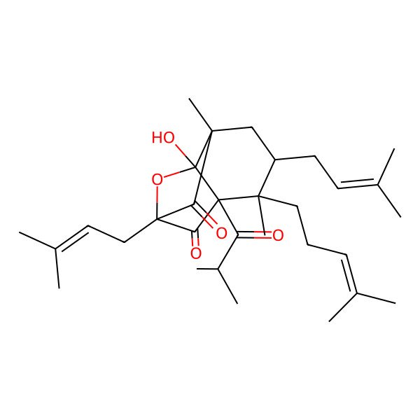 2D Structure of 8-Hydroxy-4,7-dimethyl-1,5-bis(3-methylbut-2-enyl)-4-(4-methylpent-3-enyl)-3-(2-methylpropanoyl)-9-oxatricyclo[5.2.1.03,8]decane-2,10-dione