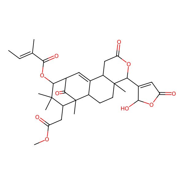 2D Structure of [(1R,2S,5R,6R,10S,13S,14R,16S)-6-[(2S)-2-hydroxy-5-oxo-2H-furan-3-yl]-16-(2-methoxy-2-oxoethyl)-1,5,15,15-tetramethyl-8,17-dioxo-7-oxatetracyclo[11.3.1.02,11.05,10]heptadec-11-en-14-yl] (E)-2-methylbut-2-enoate