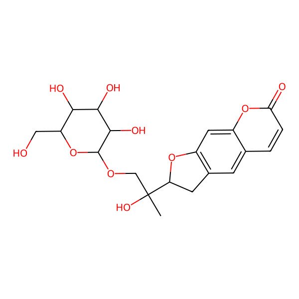 2D Structure of (2R)-2-[(2S)-2-hydroxy-1-[(2R,3R,4S,5S,6R)-3,4,5-trihydroxy-6-(hydroxymethyl)oxan-2-yl]oxypropan-2-yl]-2,3-dihydrofuro[3,2-g]chromen-7-one