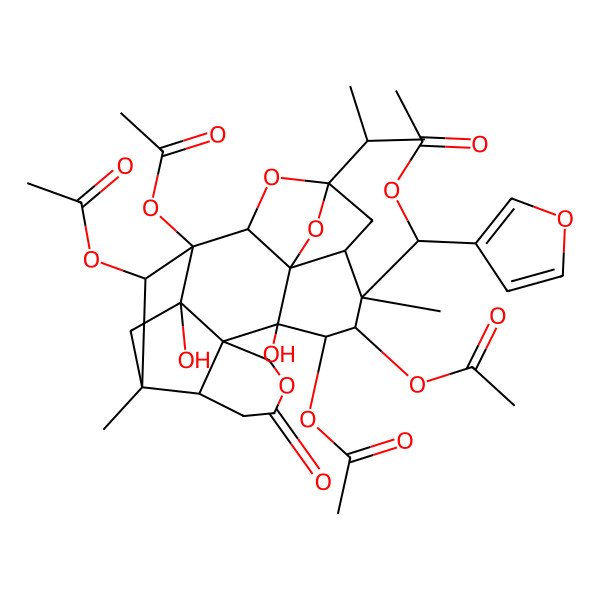 2D Structure of [1,10,21-Triacetyloxy-8-[acetyloxy(furan-3-yl)methyl]-11,20-dihydroxy-8,18-dimethyl-15-oxo-5-propan-2-yl-4,14,22-trioxaheptacyclo[16.2.1.12,5.03,7.03,11.012,17.012,20]docosan-9-yl] acetate