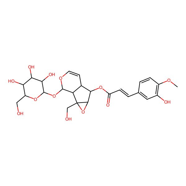 2D Structure of [2-(Hydroxymethyl)-10-[3,4,5-trihydroxy-6-(hydroxymethyl)oxan-2-yl]oxy-3,9-dioxatricyclo[4.4.0.02,4]dec-7-en-5-yl] 3-(3-hydroxy-4-methoxyphenyl)prop-2-enoate