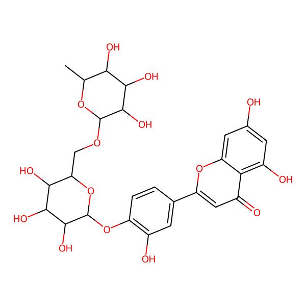 2D Structure of 5,7-dihydroxy-2-[3-hydroxy-4-[(2S,3R,4S,5S,6R)-3,4,5-trihydroxy-6-[[(2R,3R,4R,5R,6S)-3,4,5-trihydroxy-6-methyloxan-2-yl]oxymethyl]oxan-2-yl]oxyphenyl]chromen-4-one