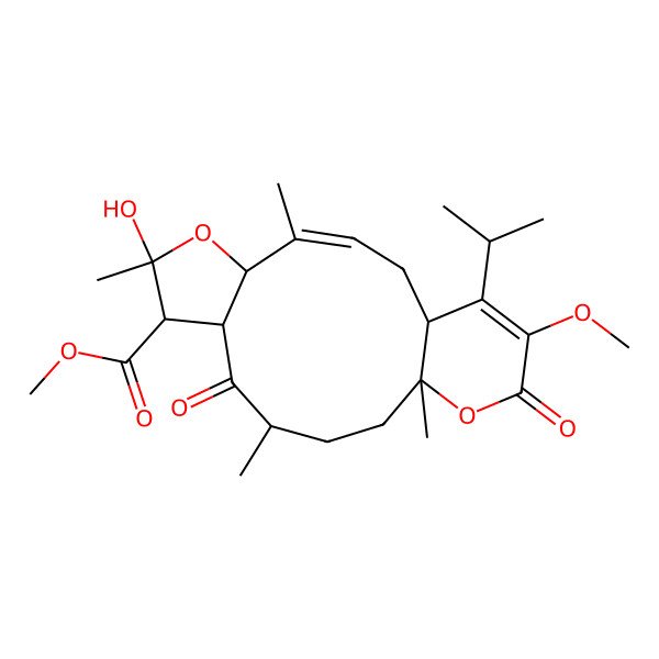 2D Structure of Methyl 7-hydroxy-17-methoxy-4,7,11,14-tetramethyl-10,16-dioxo-18-propan-2-yl-6,15-dioxatricyclo[12.4.0.05,9]octadeca-3,17-diene-8-carboxylate