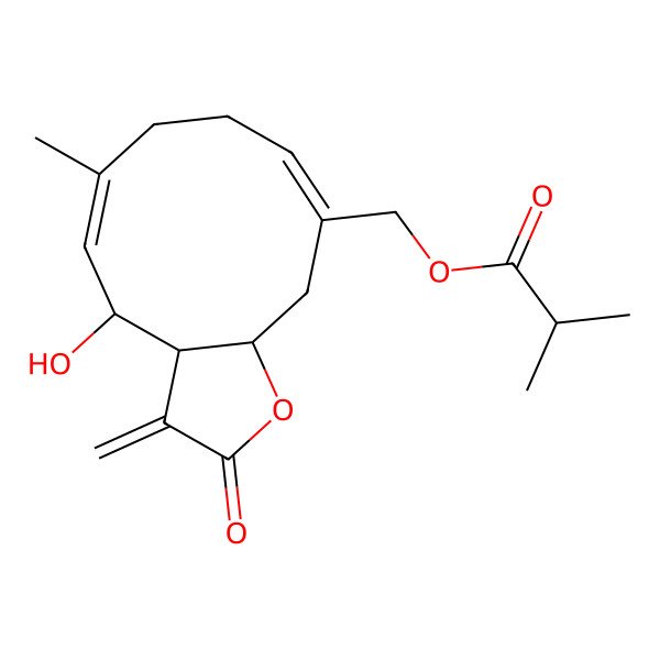 2D Structure of [(3aR,4S,5E,9E,11aR)-4-hydroxy-6-methyl-3-methylidene-2-oxo-3a,4,7,8,11,11a-hexahydrocyclodeca[b]furan-10-yl]methyl 2-methylpropanoate